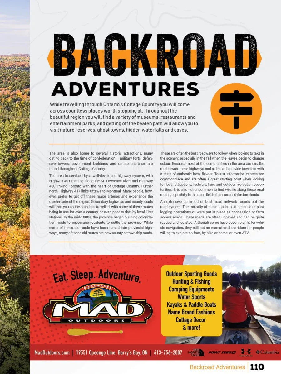 Ontario Cottage Country backroad mapbook cover with autumn forest, outdoor adventure text, and canoeists.