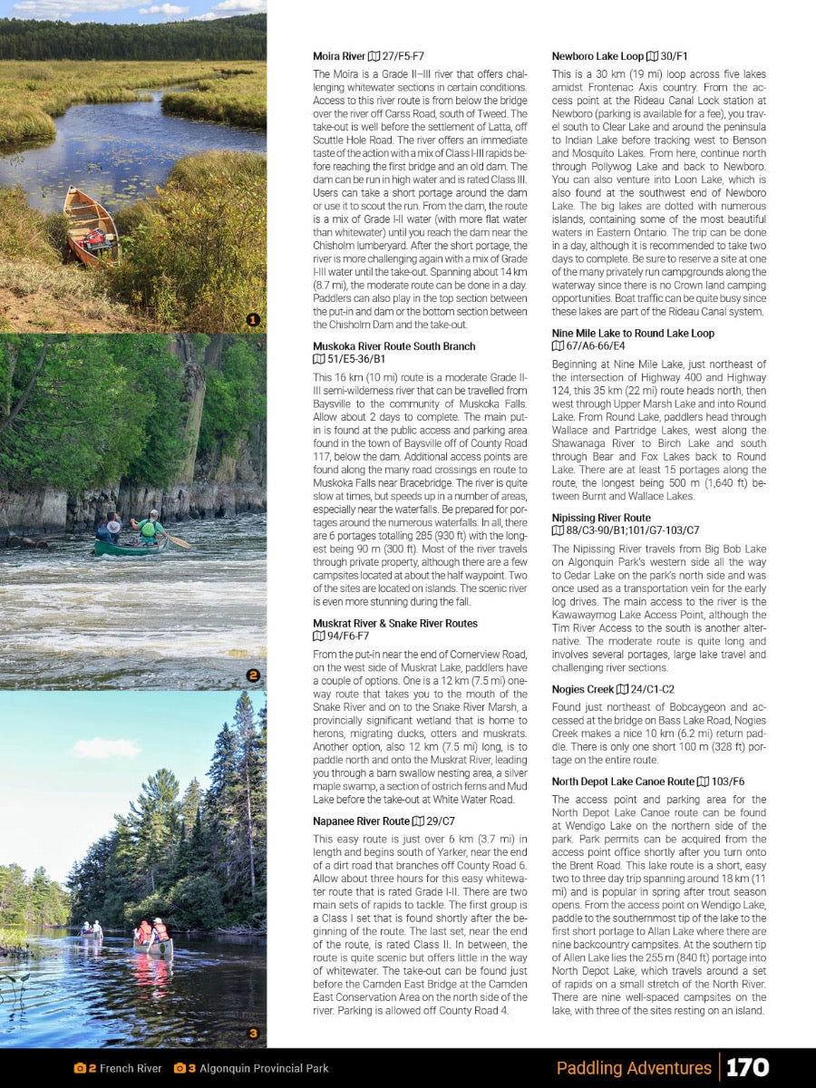 Ontario cottage country backroad mapbook page with river, canoe, paddlers, and route descriptions
