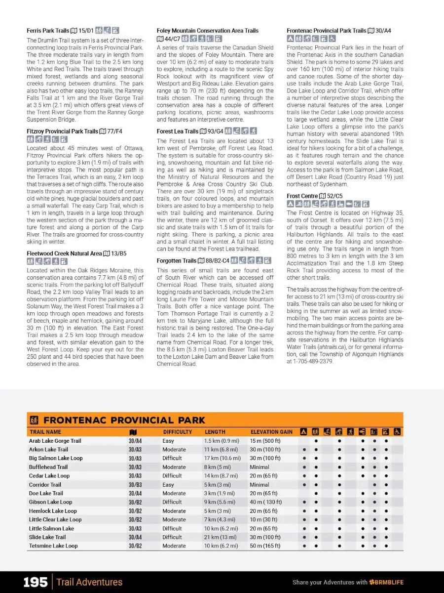 Cottage Country Ontario Backroad Mapbook trail guide with Frontenac Provincial Park trail list and details.