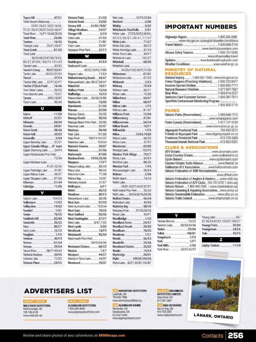 Index of Ontario backroad mapbook, contact numbers, advertisers, and Lanark Ontario lakeside photo