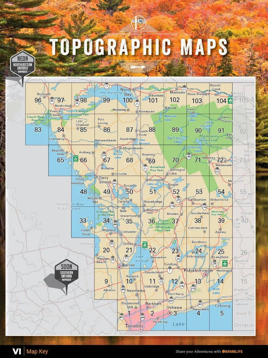 Cottage Country Ontario backroad mapbook cover with topographic region map and autumn forest background