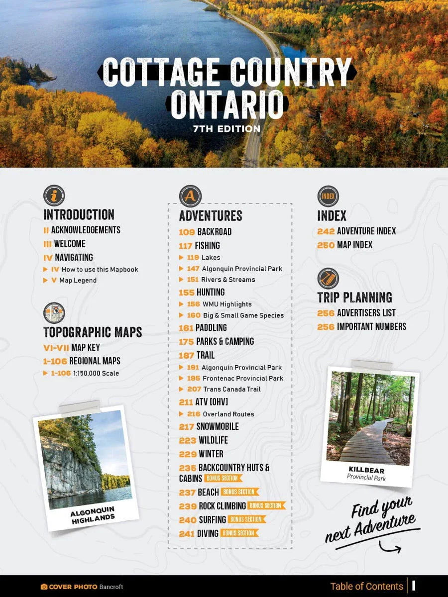 Cottage Country Ontario mapbook cover showing autumn forest, lake, and adventure guide contents.