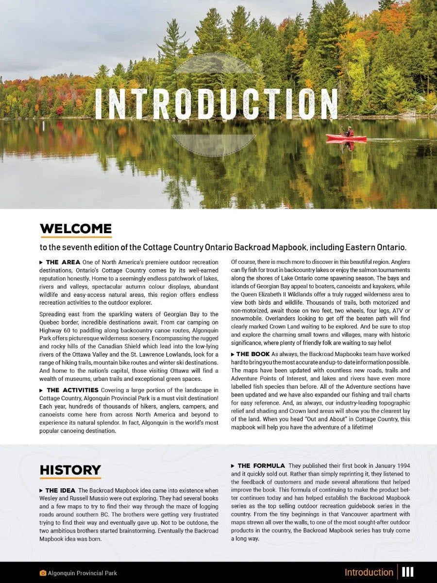 Cottage Country Ontario Backroad Mapbook cover with forested lake and kayaker, introduction text.