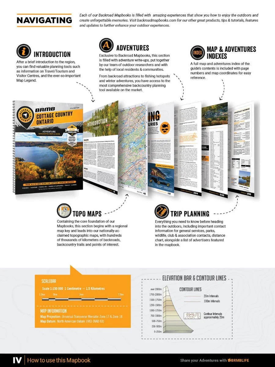 Backroad Mapbooks Cottage Country Ontario guide open to introduction, topo maps, and adventure sections