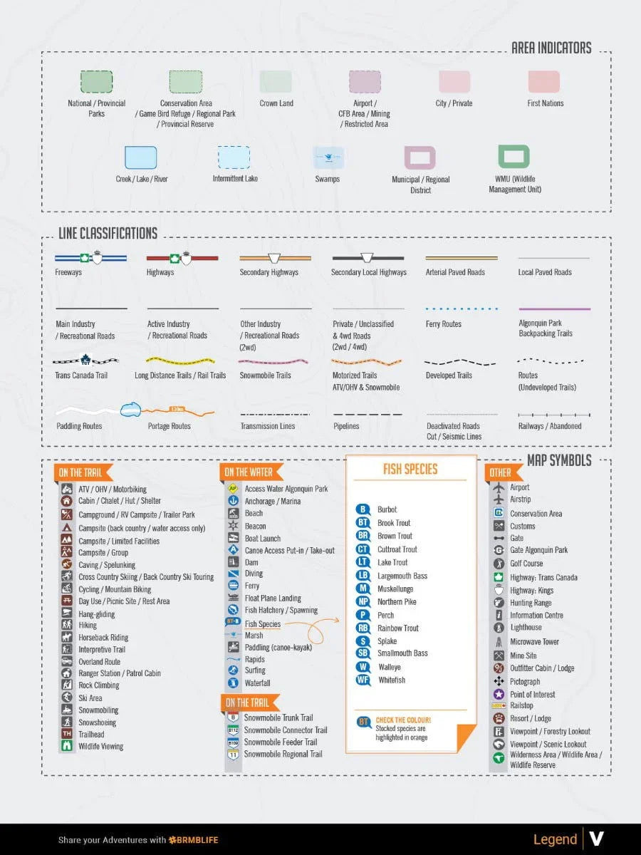 Cottage Country Ontario Backroad Mapbook legend showing area indicators, road types, trail and map symbols, and fish species icons.