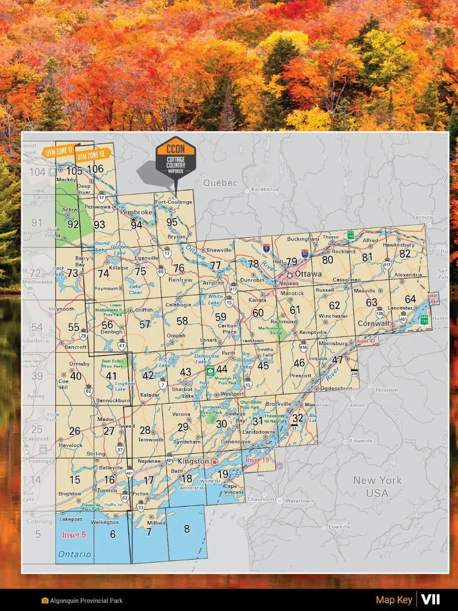 Cottage Country Ontario backroad mapbook cover with Ontario regional map and autumn forest background