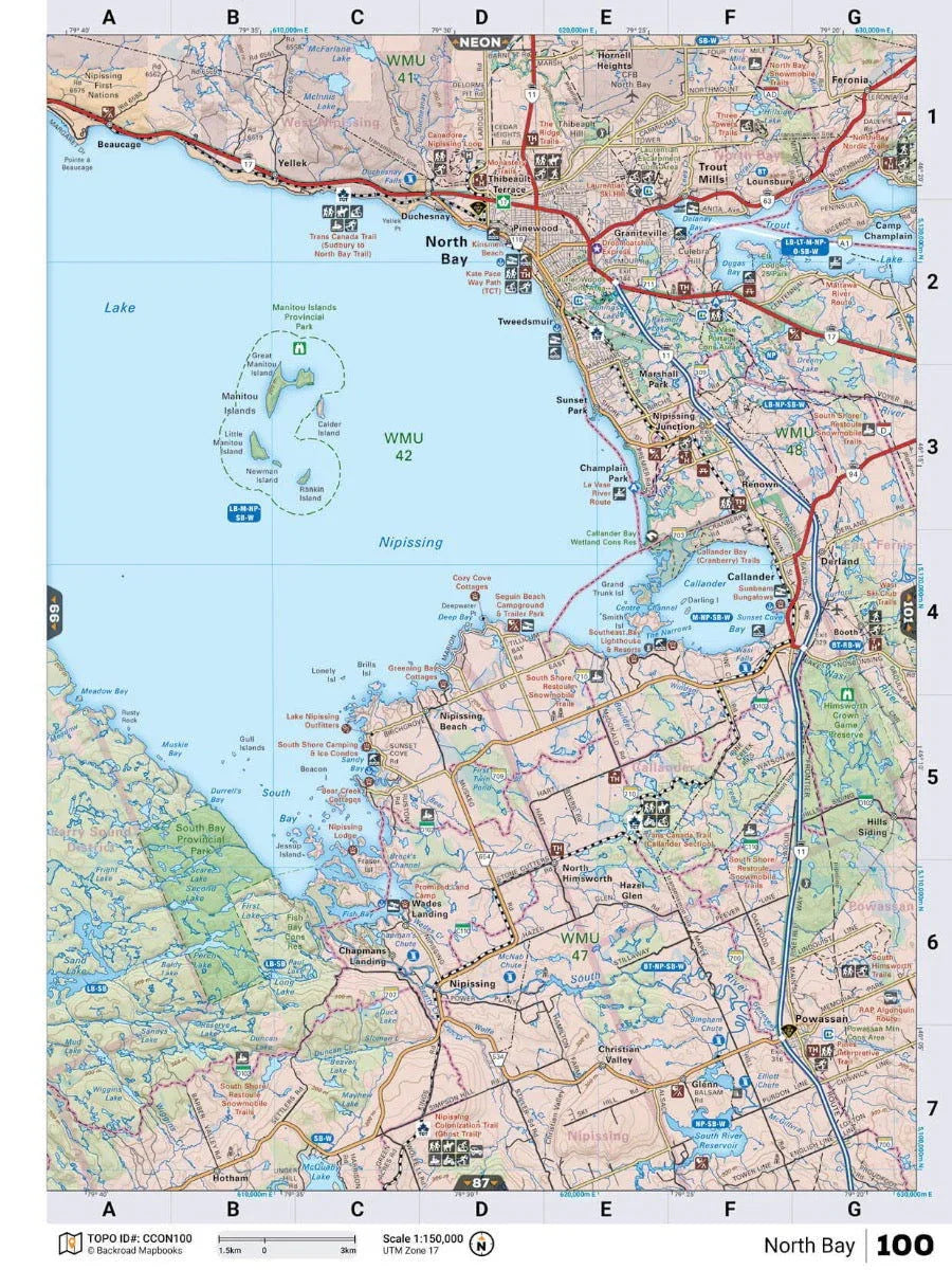 Cottage Country Ontario map showing North Bay, Lake Nipissing, highways, lakes, and parks.