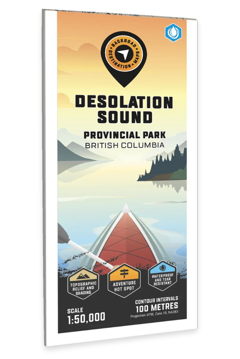 Desolation Sound Provincial Park map cover with kayak, mountains, forest, and adventure icons.