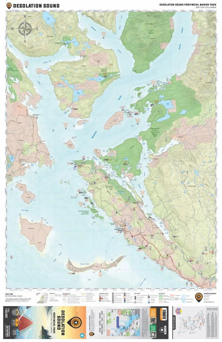 Desolation Sound Provincial Park BC destination map with islands, trails, and marine routes visible