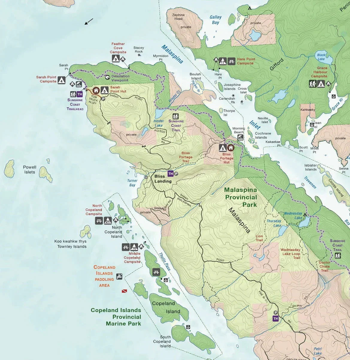 Desolation Sound Provincial Park BC destination map with campsites, trails, and marine park
