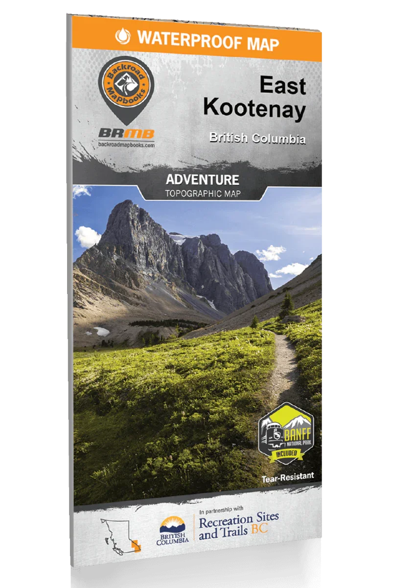 East Kootenay British Columbia adventure map cover with mountains, hiking trail, and logos