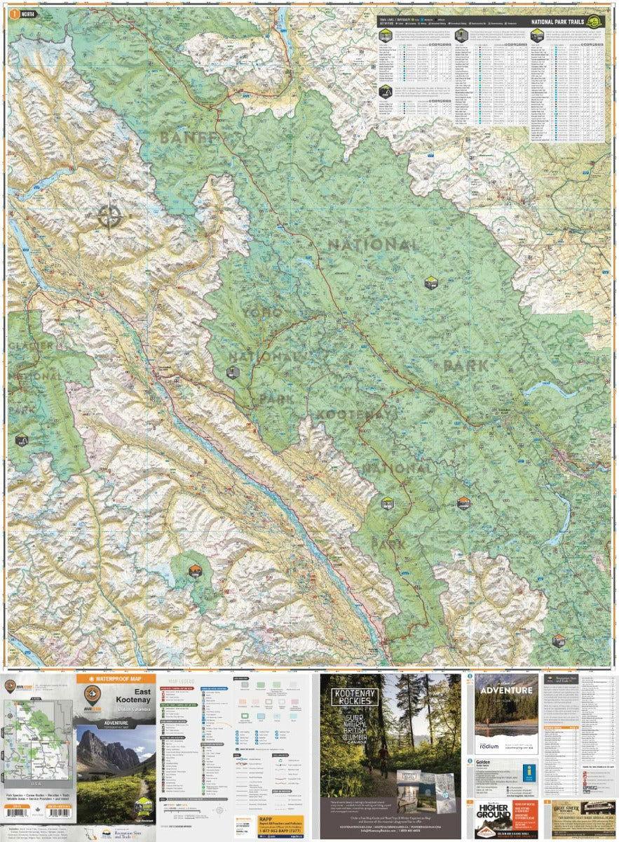 East Kootenay BC recreation map with national park trails and topographic details