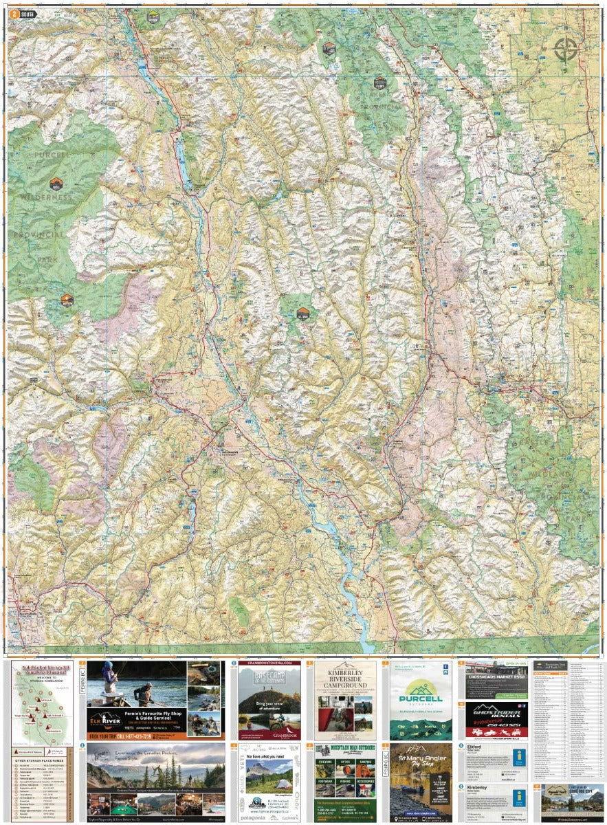 East Kootenay BC recreation map showing parks, mountains, and outdoor activity routes.
