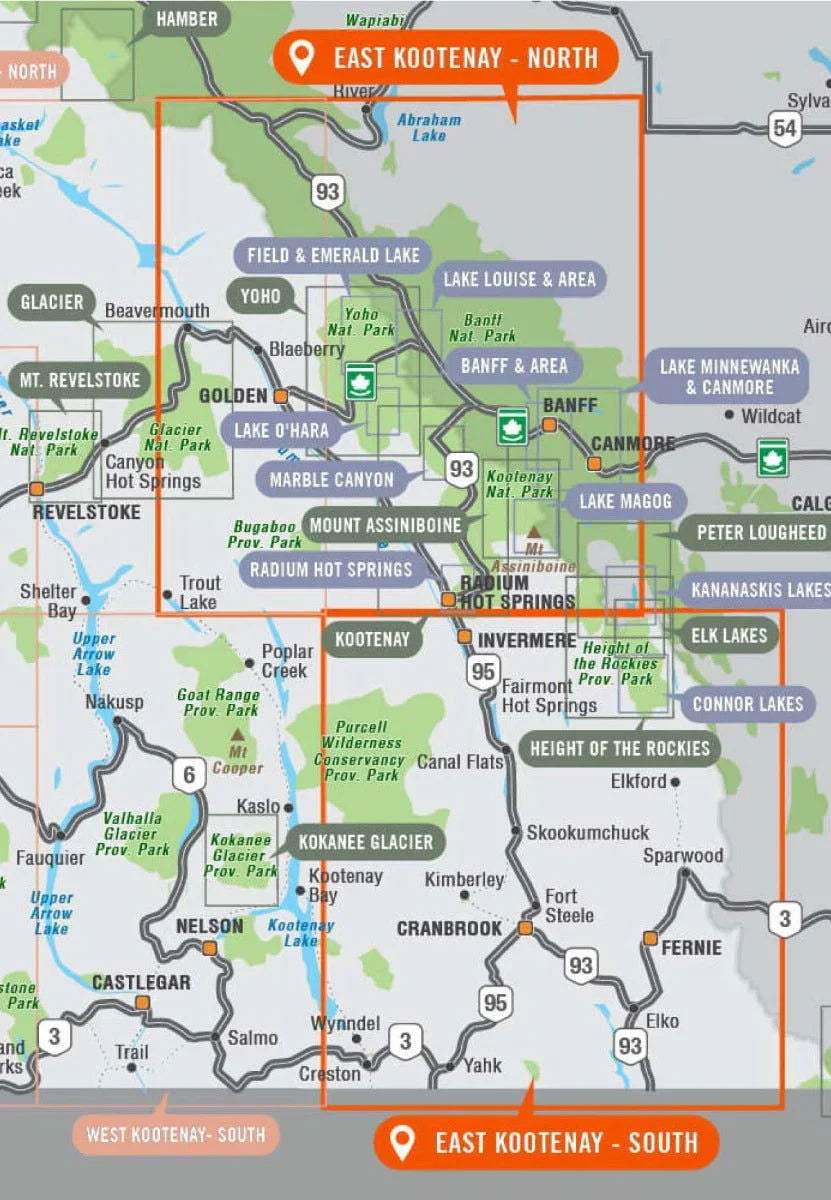 East Kootenay BC recreation map showing parks, highways, lakes, and towns