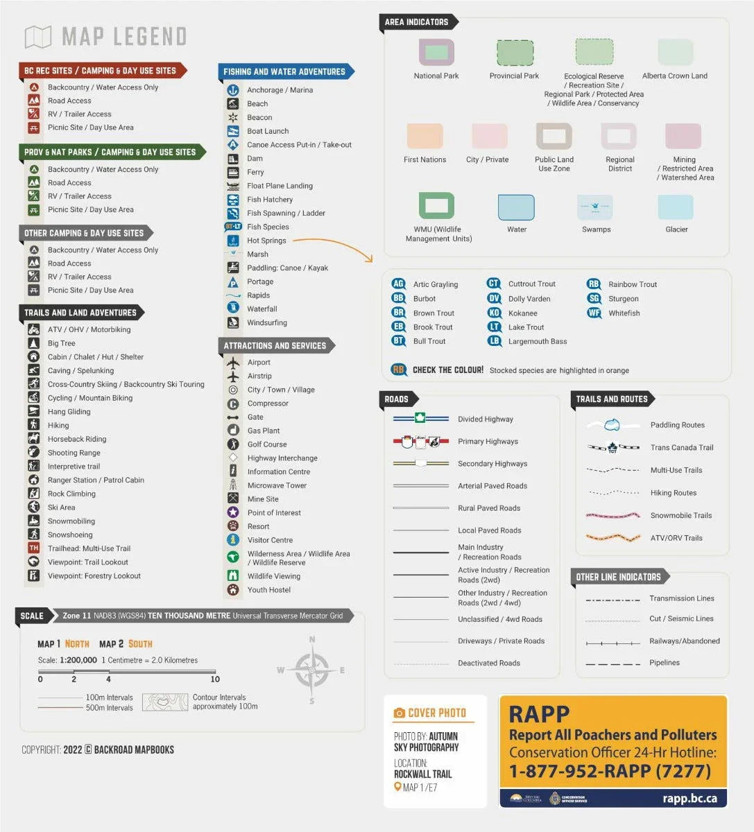 East Kootenay BC recreation map legend with camping, fishing, trails, and area indicators.