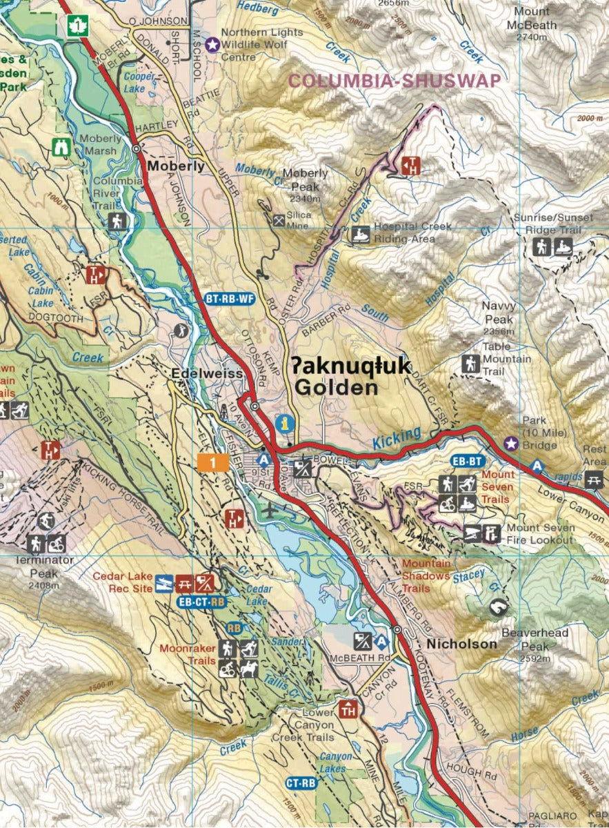 East Kootenay BC recreation map showing Golden, trails, lakes, parks, and mountain peaks