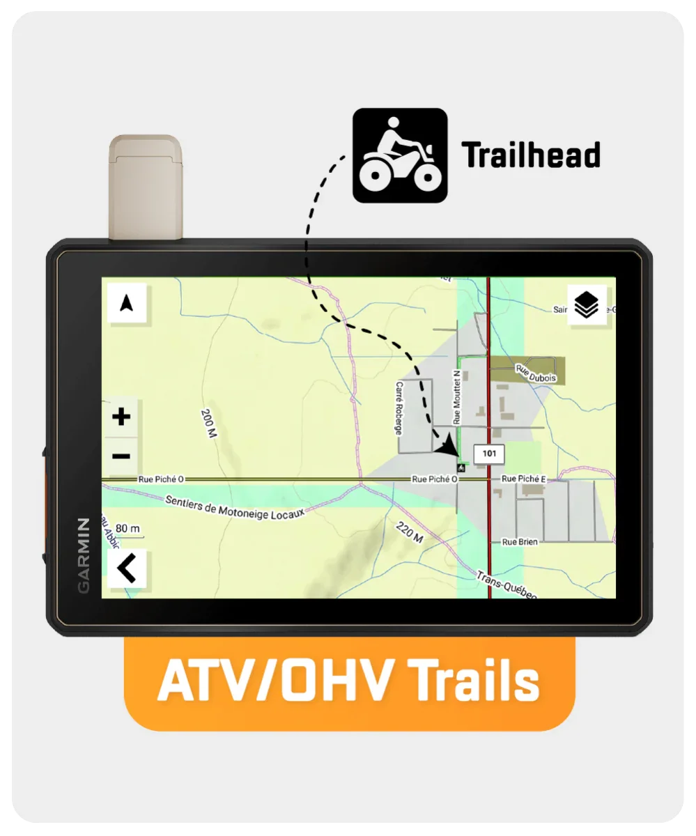 GPS showing Eastern Canada ATV/OHV trails map with trailhead icon and route details.