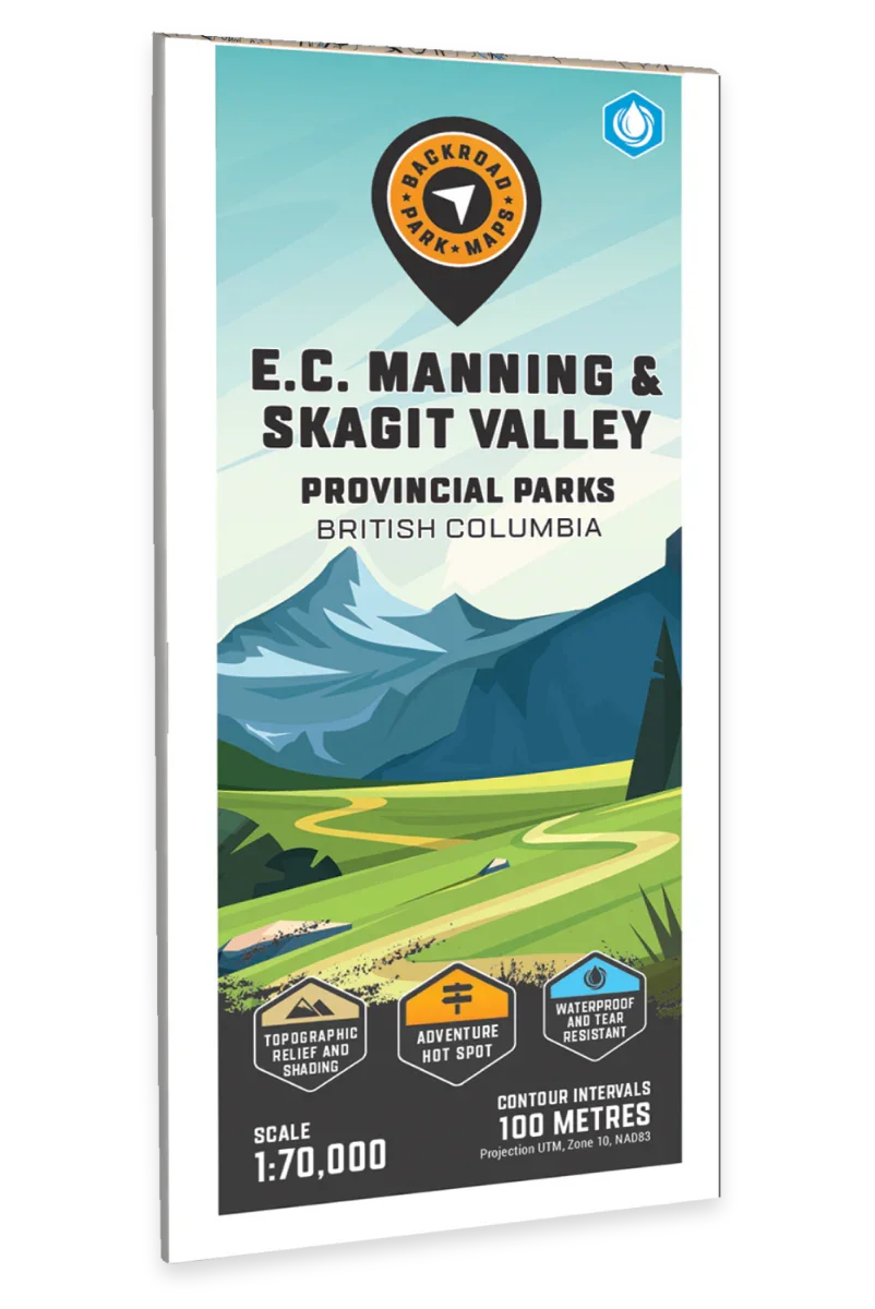 E.C. Manning and Skagit Valley Provincial Parks map cover, British Columbia, with mountain illustration