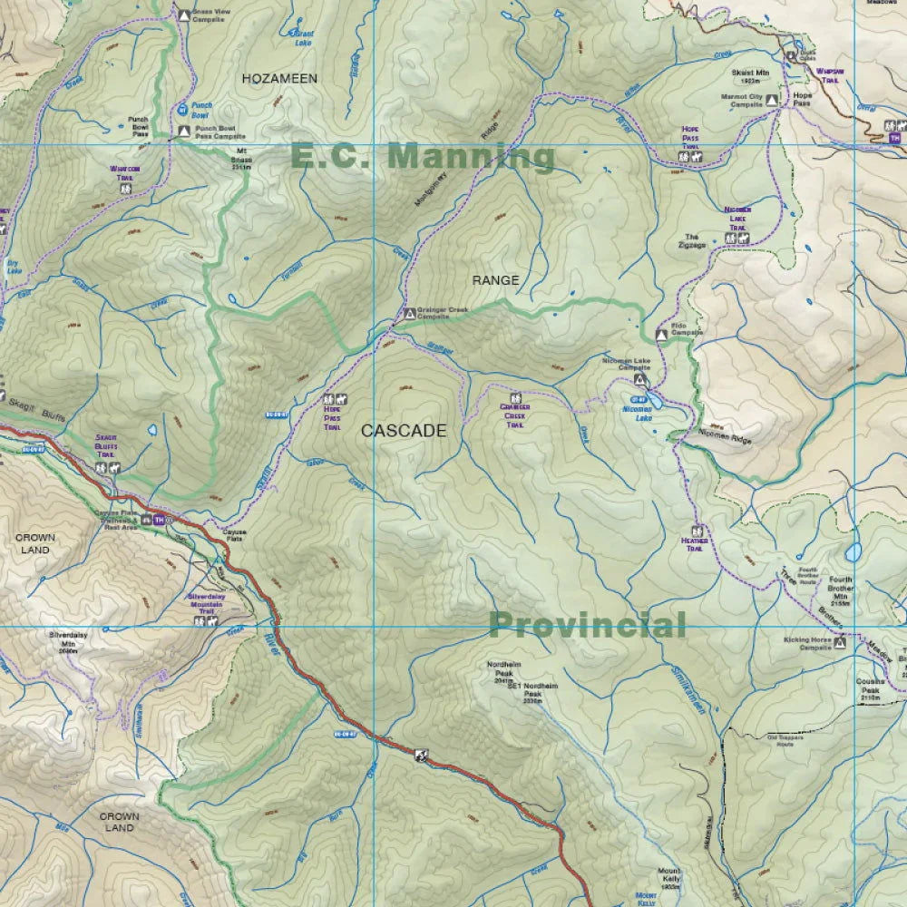 E.C. Manning Provincial Park map with hiking trails, roads, rivers, and topographic details.