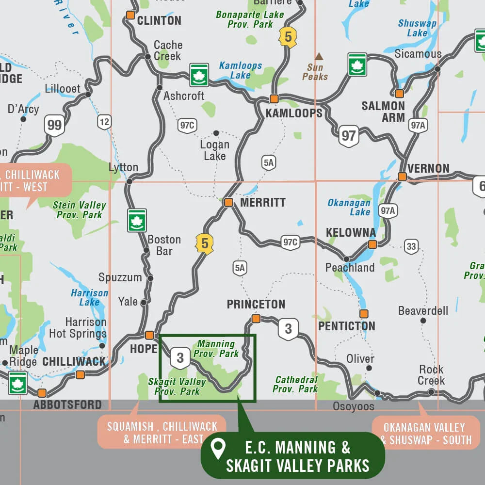 Map highlighting E.C. Manning and Skagit Valley Provincial Parks in British Columbia