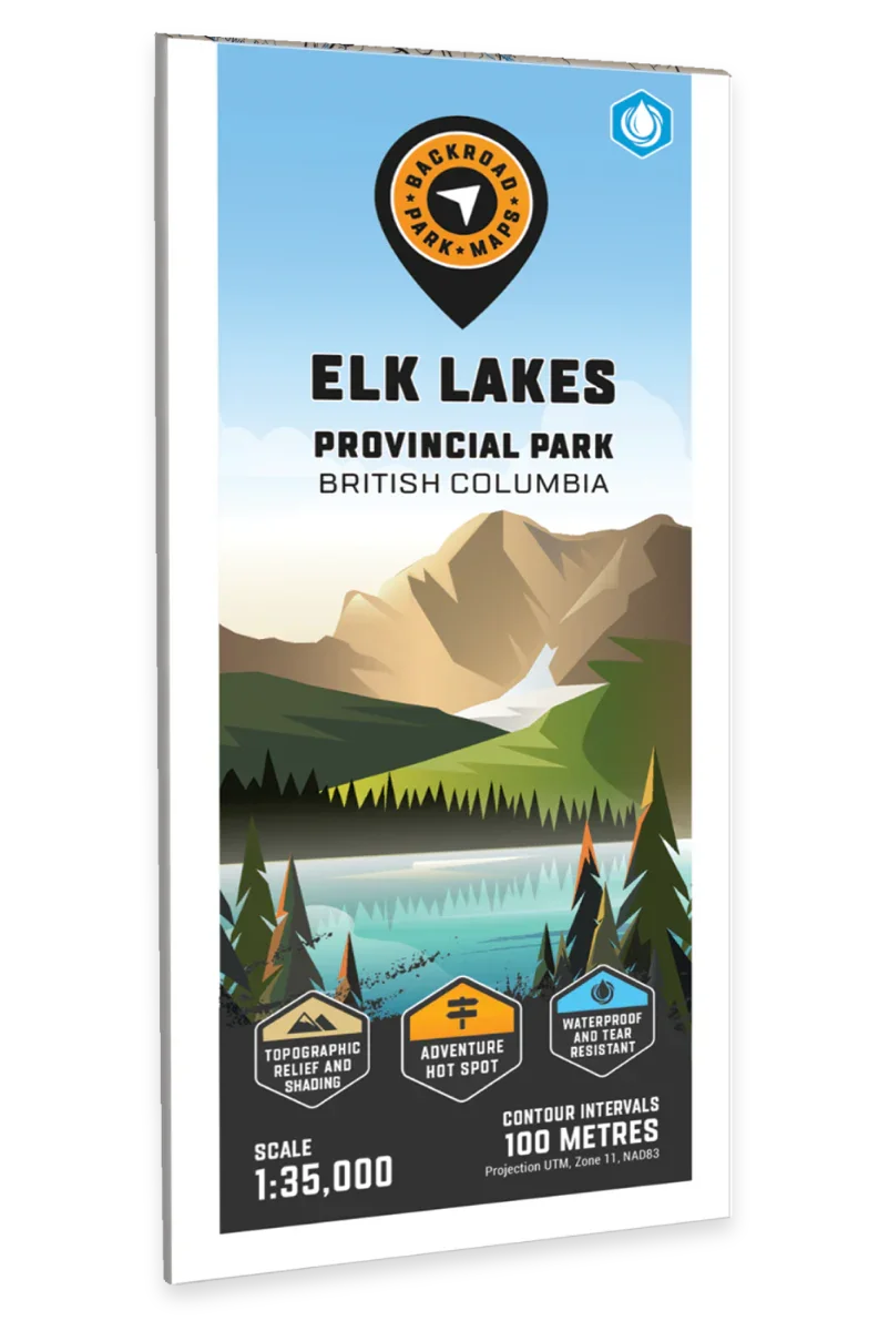 Elk Lakes Provincial Park BC map cover with mountain landscape, lake, and Backroad Maps logo