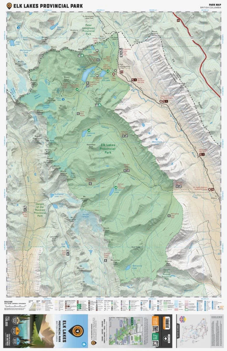 Elk Lakes Provincial Park map, British Columbia, trails, lakes, mountains, campgrounds.