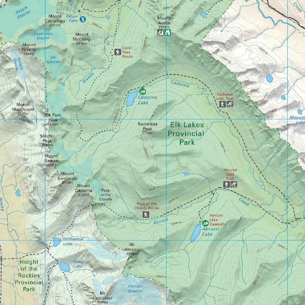 Elk Lakes Provincial Park BC map showing trails, peaks, lakes, campsites, and hiking routes.