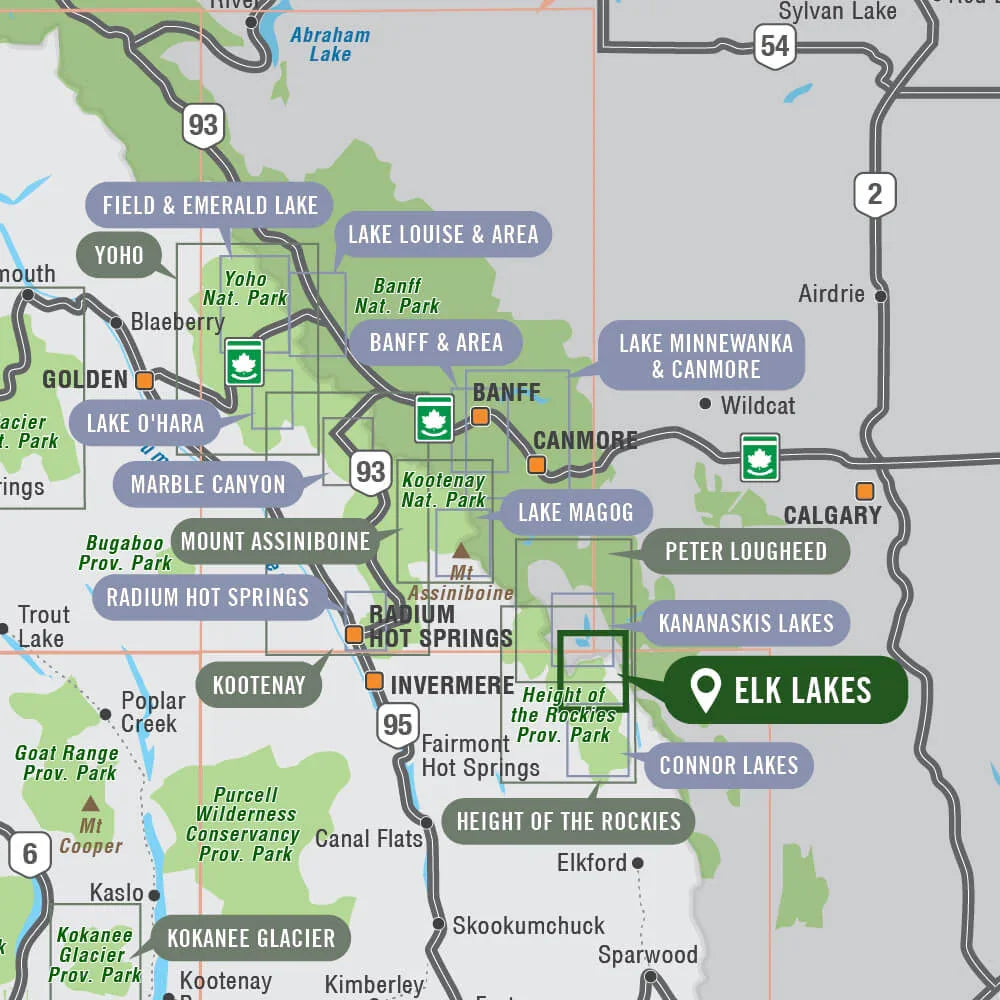 Elk Lakes Provincial Park BC map with parks, lakes, highways, and nearby towns highlighted