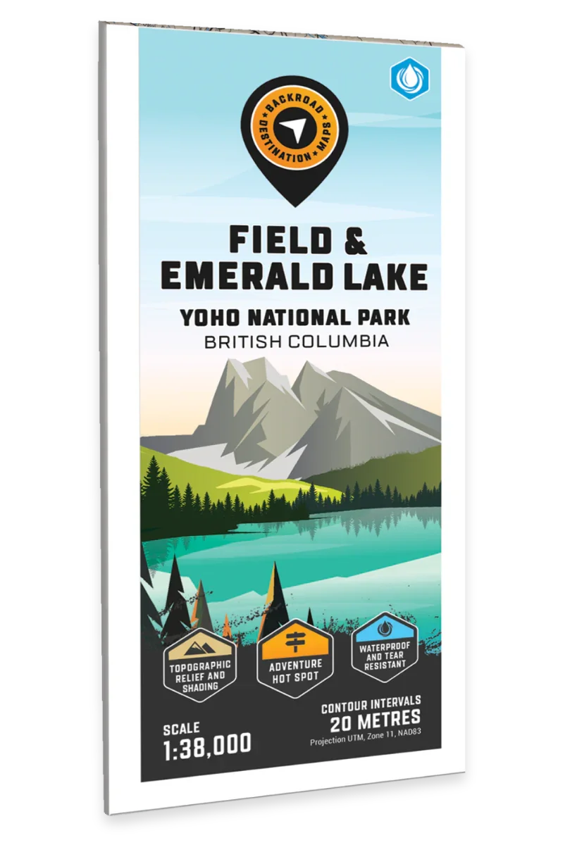 Field and Emerald Lake Yoho National Park BC map cover with mountains and turquoise lake illustration