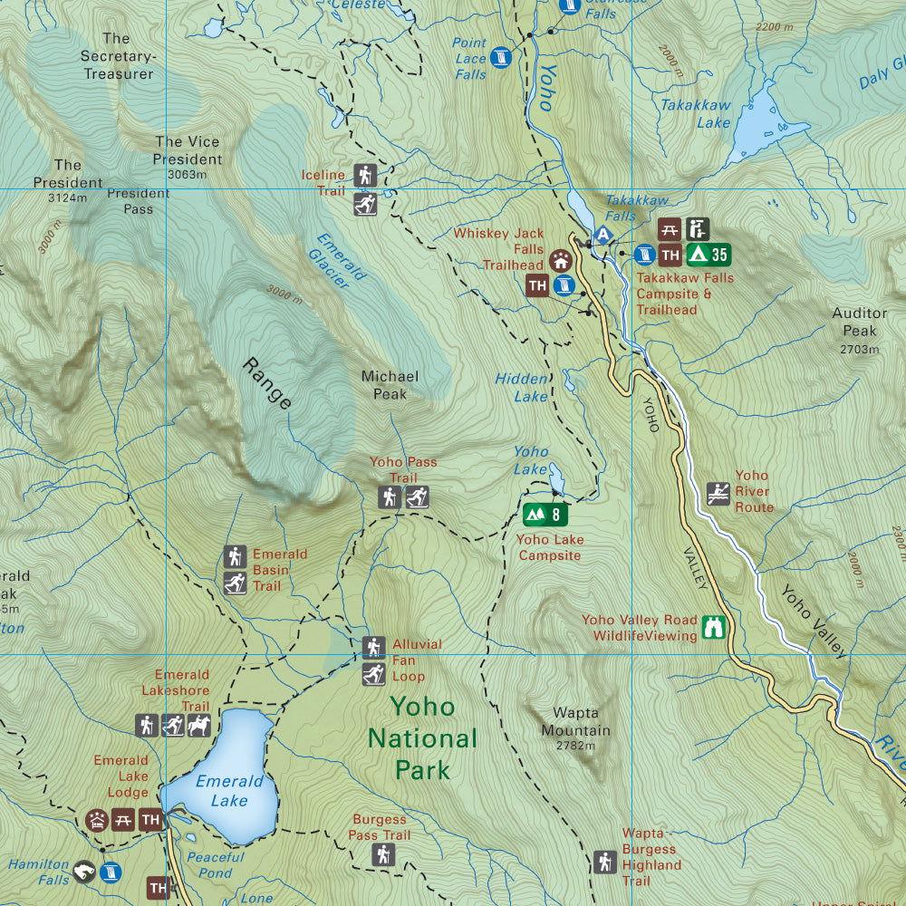 Yoho National Park map showing Emerald Lake, trails, campsites, and mountain terrain in BC