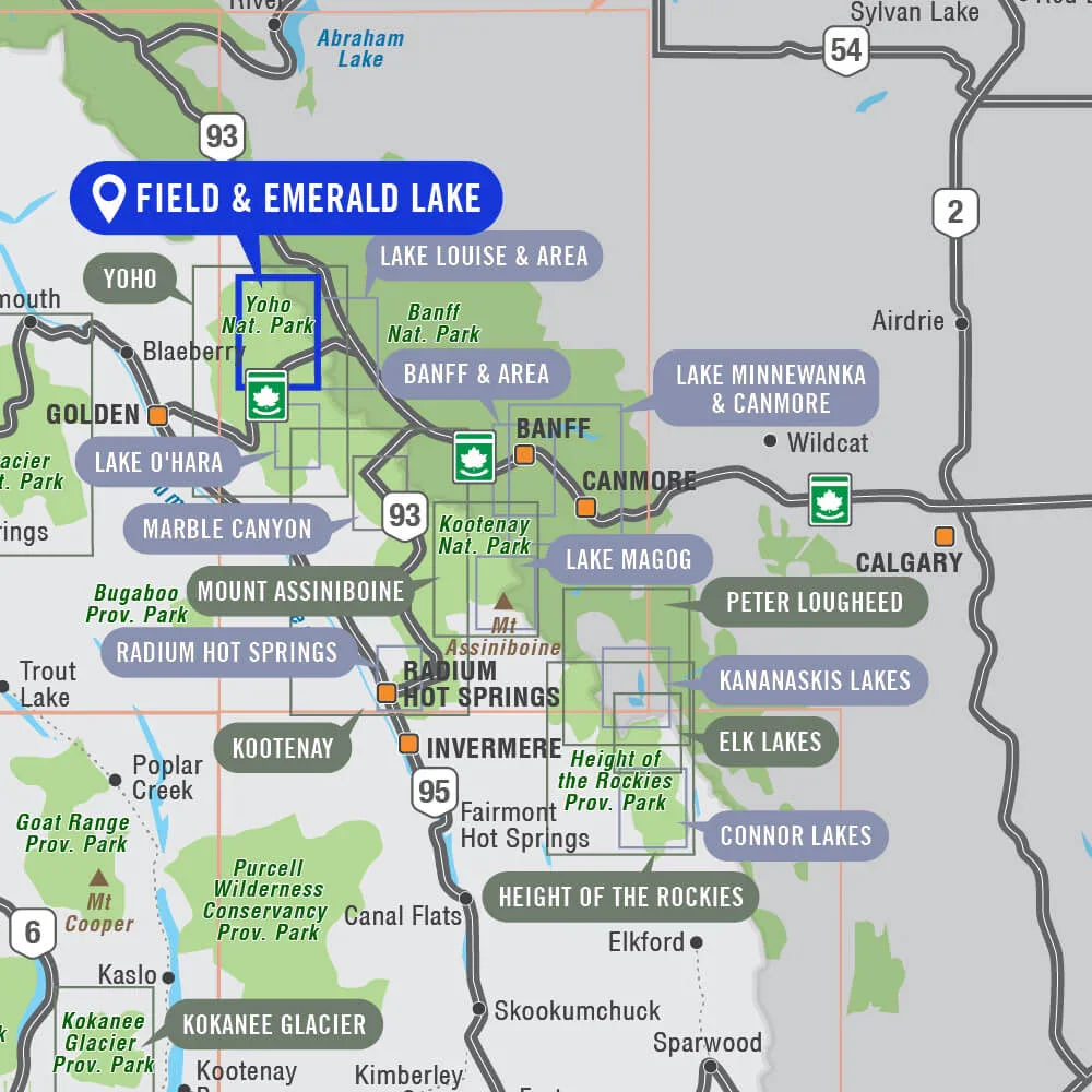 Map highlighting Field and Emerald Lake in Yoho National Park, BC, and nearby parks