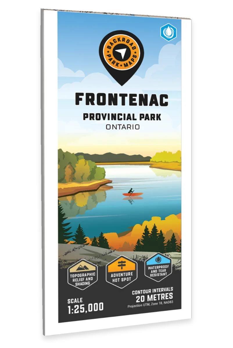 Frontenac Provincial Park Ontario map cover with lake, trees, and kayaker illustration