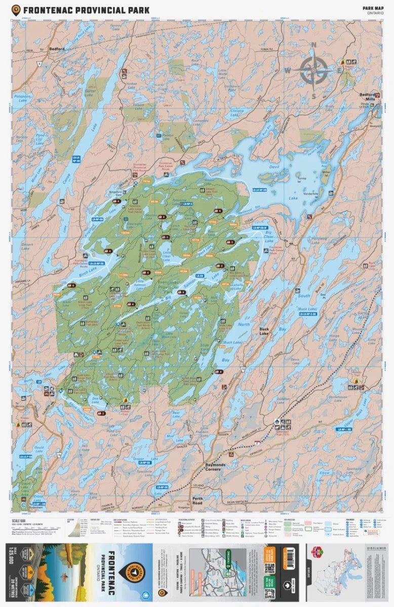Frontenac Provincial Park map in Ontario showing trails, campsites, lakes, and geographic features.