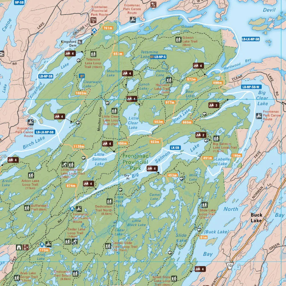Frontenac Provincial Park Ontario trail map with lakes, campsites, and hiking routes marked.