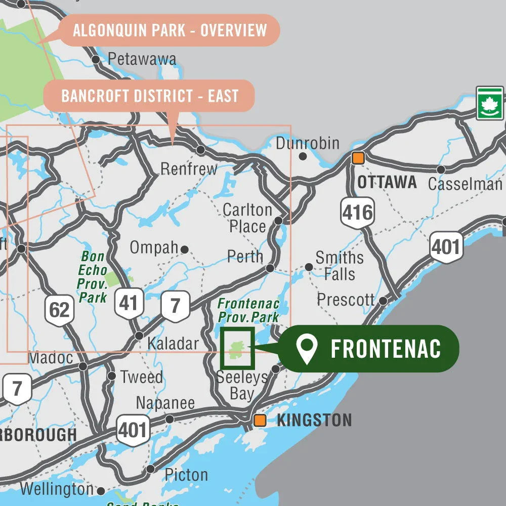Map showing Frontenac Provincial Park location near Kingston, Ontario, Canada.