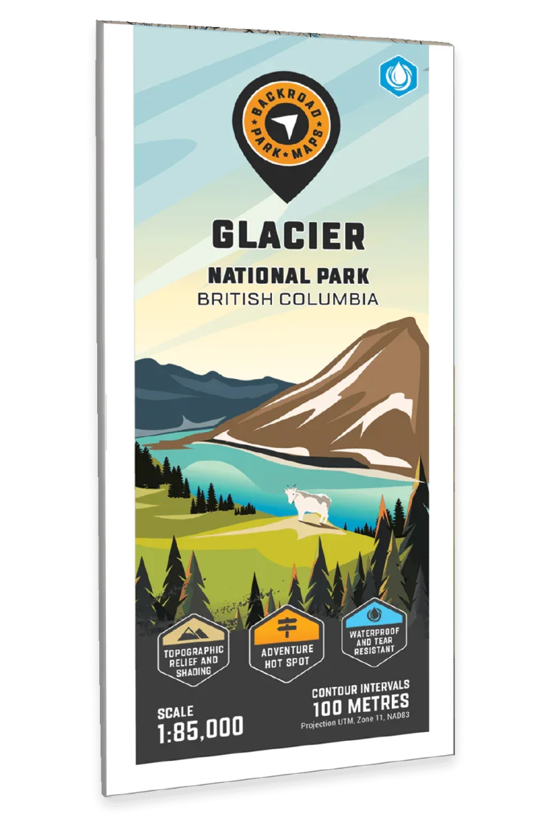 Glacier National Park BC map cover showing mountain, lake, trees, and a goat illustration.