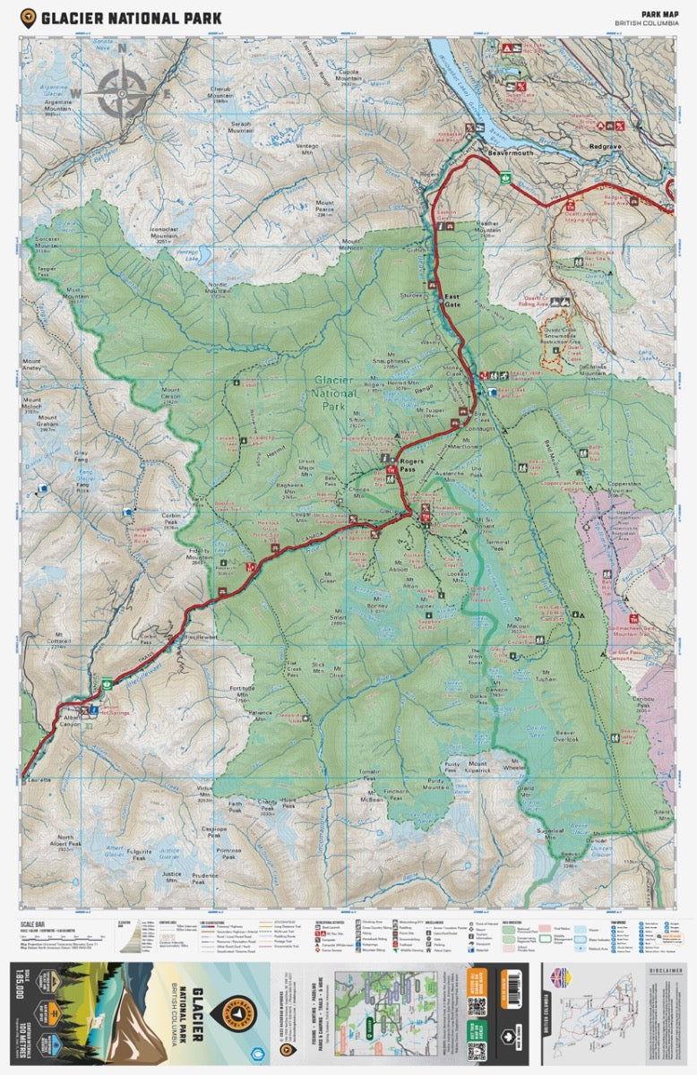Glacier National Park BC map showing trails, roads, campsites, and topographic features