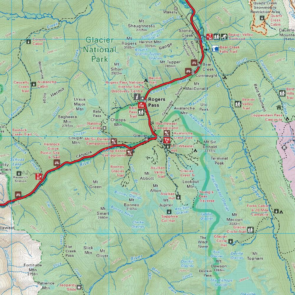 Glacier National Park BC map highlighting trails, campgrounds, Rogers Pass, and trailheads.