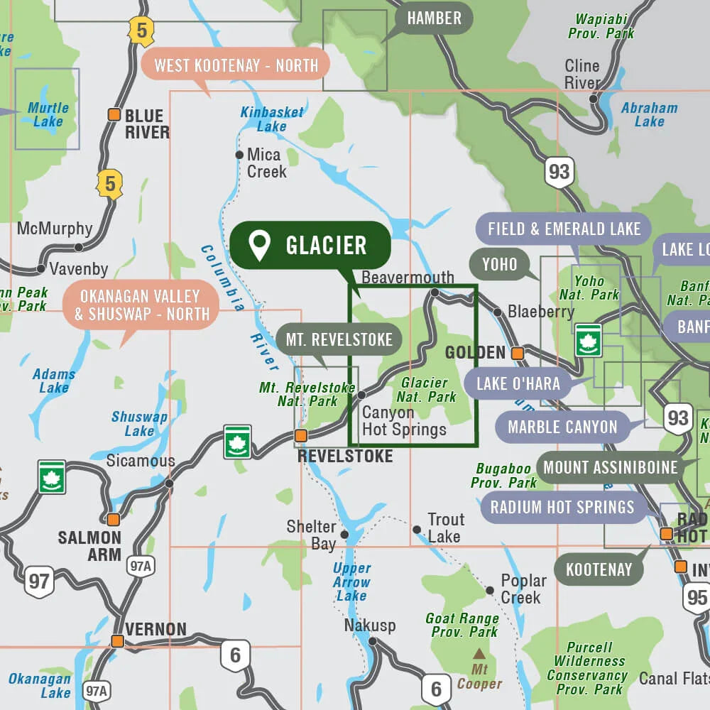 Glacier National Park BC map showing major highways, nearby parks, and towns in British Columbia.