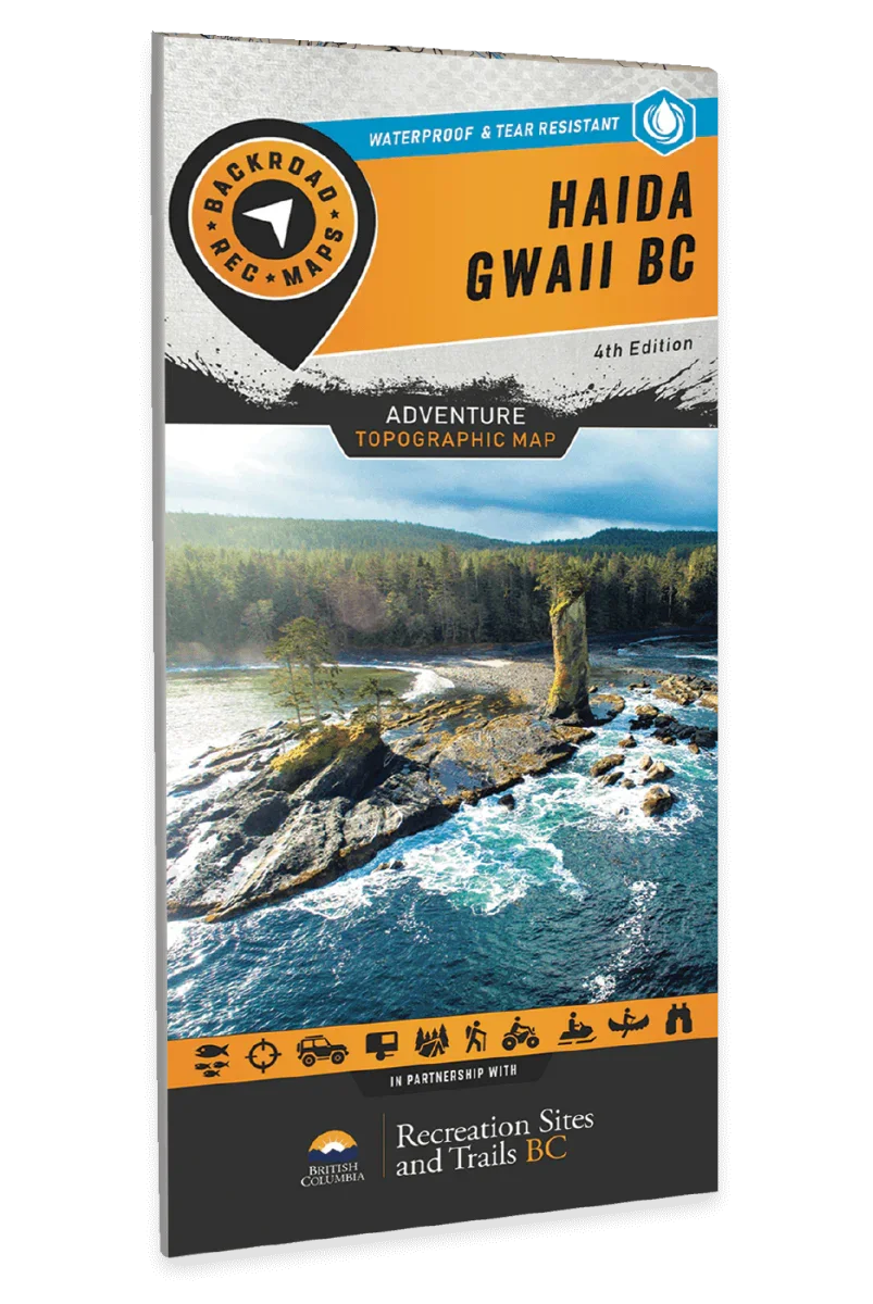 Haida Gwaii BC topographic adventure map cover showing rugged coastline and forest