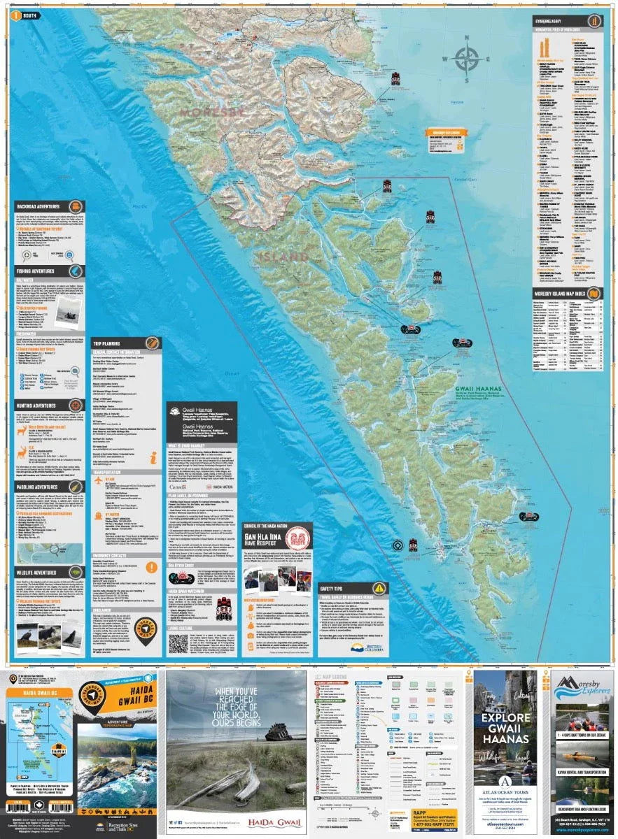 Haida Gwaii recreation map with adventure icons, topography, and ocean details in BC, Canada