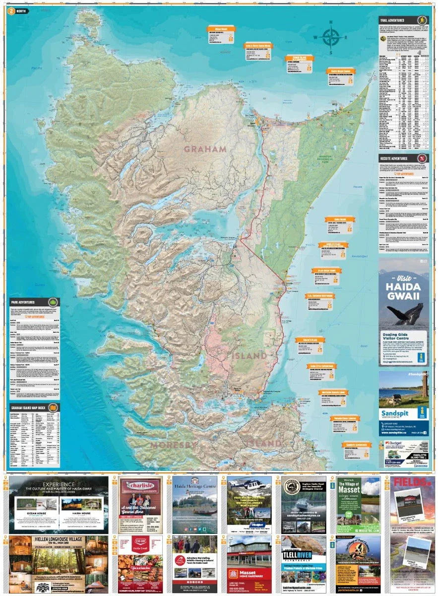 Haida Gwaii BC recreation map showing Graham and Moresby Islands, parks, and local ads.
