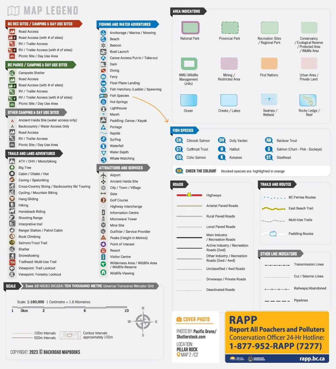 Haida Gwaii BC recreation map legend with outdoor activity icons, area indicators, and road types.
