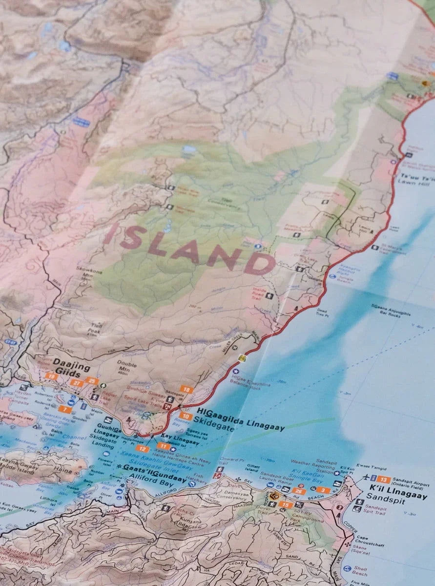 Haida Gwaii BC recreation map showing Skidegate, Sandspit, Alliford Bay, coastal trails