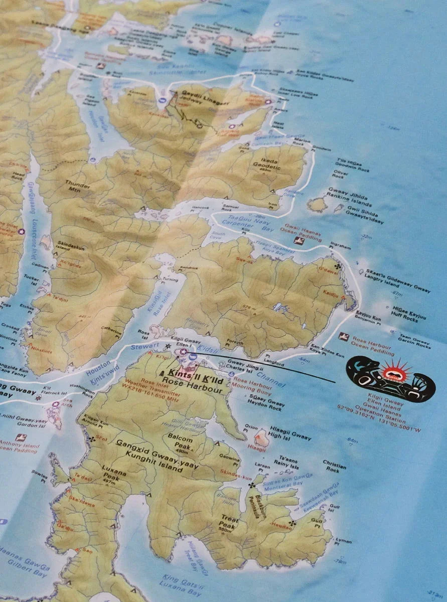 Haida Gwaii BC recreation map showing topography, waterways, and landmarks in detail.