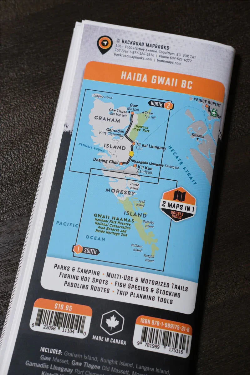 Haida Gwaii BC recreation map booklet with highlighted parks, islands, and outdoor activities.