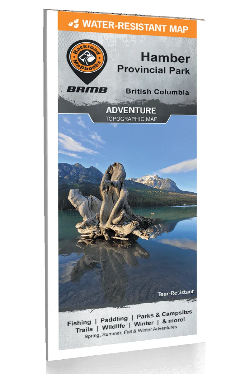 Hamber Provincial Park adventure topographic map cover with lake, driftwood, and mountain scenery.