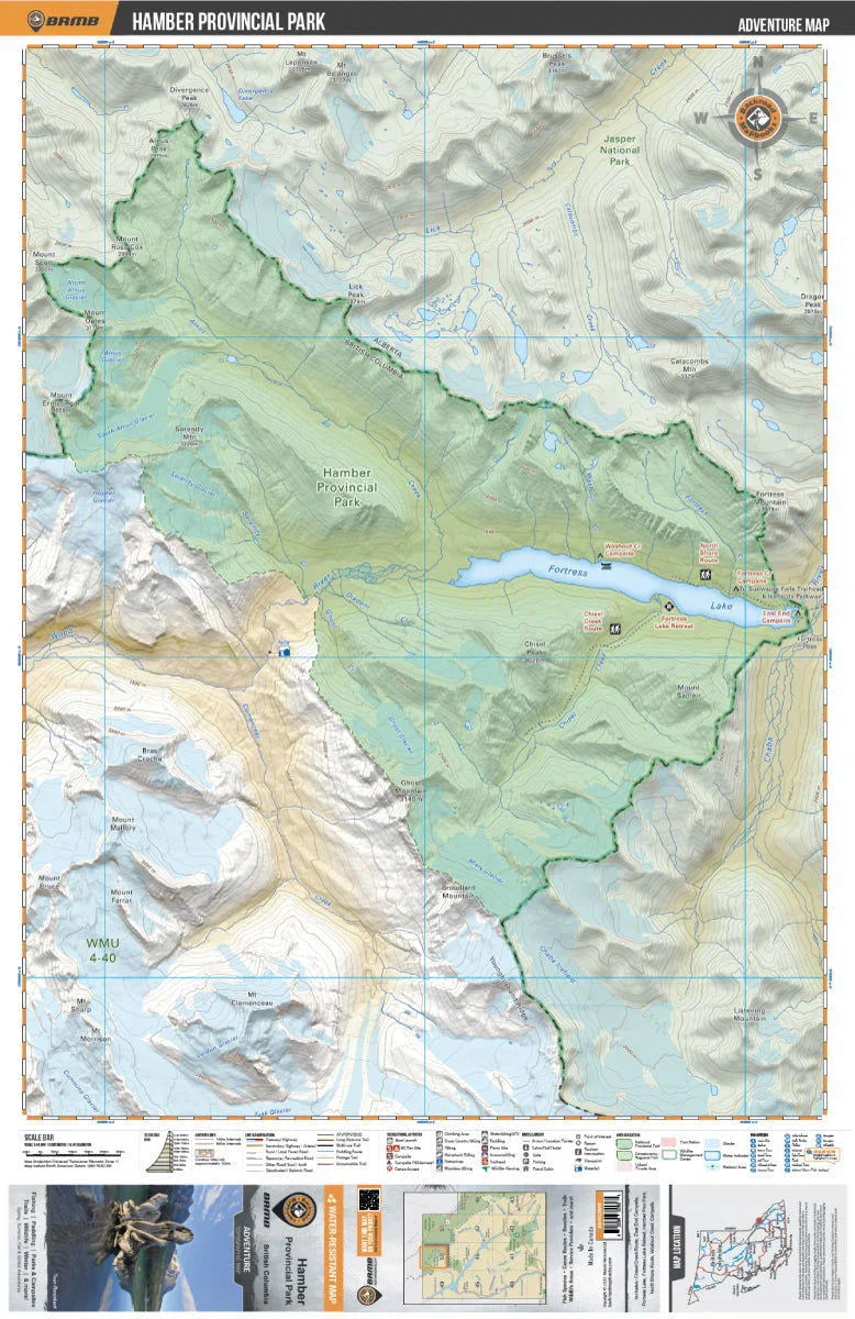 Hamber Provincial Park adventure map with topography, trails, lakes, and campsite icons.