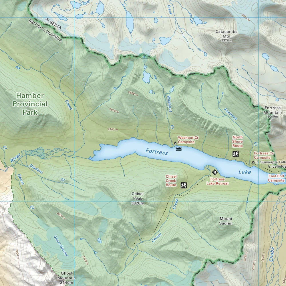Hamber Provincial Park map showing Fortress Lake, trails, campsites, and mountain peaks.