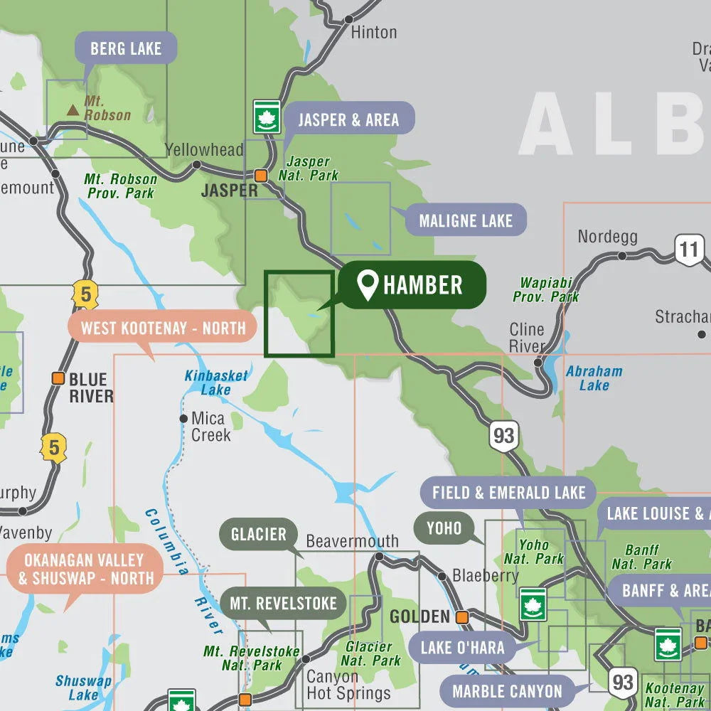 Hamber Provincial Park BC map showing nearby parks, highways, and lakes